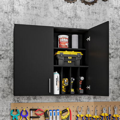 Armoire murale en bois MAYBoss, armoire murale en bois l 35 po x P 12 po x H 32 po avec 1 porte et 7 tablettes verticales coulissantes, armoire à pharmacie à fermeture en douceur pour entrepôts, noir