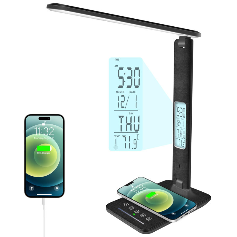 Desk Lamp With Wireless Charger, USB Charging Port, Dimmable Office Desk Light With Clock, Alarm, Date, Temperature, Foldable,(Black Pro)