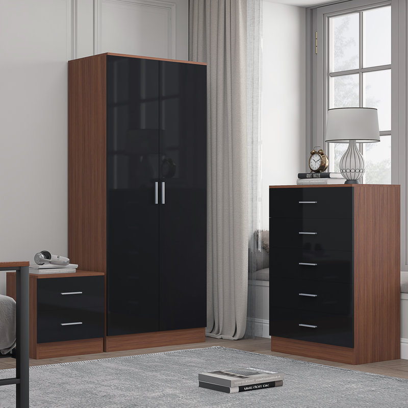 Eva Piece Bedroom Set, Black Gloss / Walnut