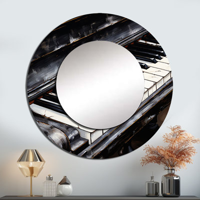 Noir et blanc touches de piano à la sérénité IV - grand miroir de piano, décor de miroir mural rond gris unique, art imprimé en métal