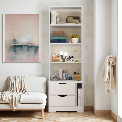 Tall Nightstand With Bookshelf & 2 Drawers, 5-tier Vertical Storage Cabinet For Bedroom, Space-saving Bedside Table For Small Spaces