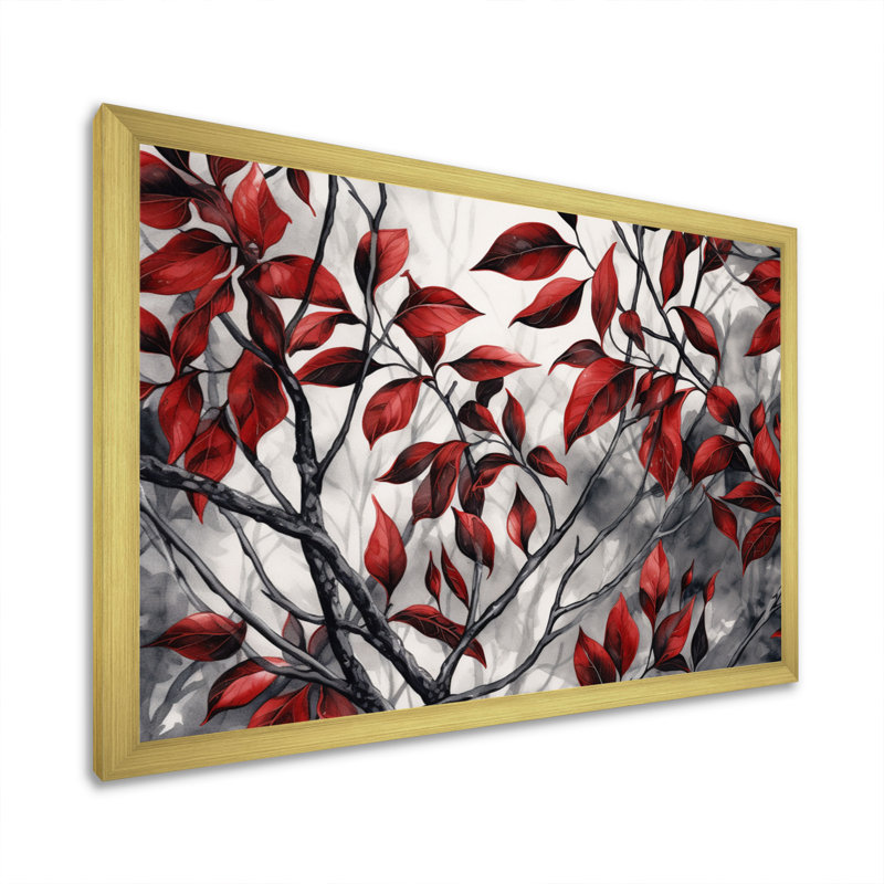 Imprimé de feuilles rouges et grises sur un arbre VI, H 34 po x l 44 po x P 1,5 po, Cadre doré simple