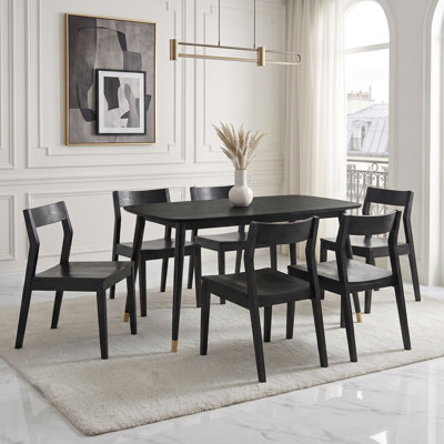 Ensemble de salle à manger 7 pièces en bois massif de style Mid-Century Norvia & Morven, table ovale de 60 po avec rebords biseautés et pieds recouverts de métal et 6 chaises empilables à dossier angulaire, noir ébène