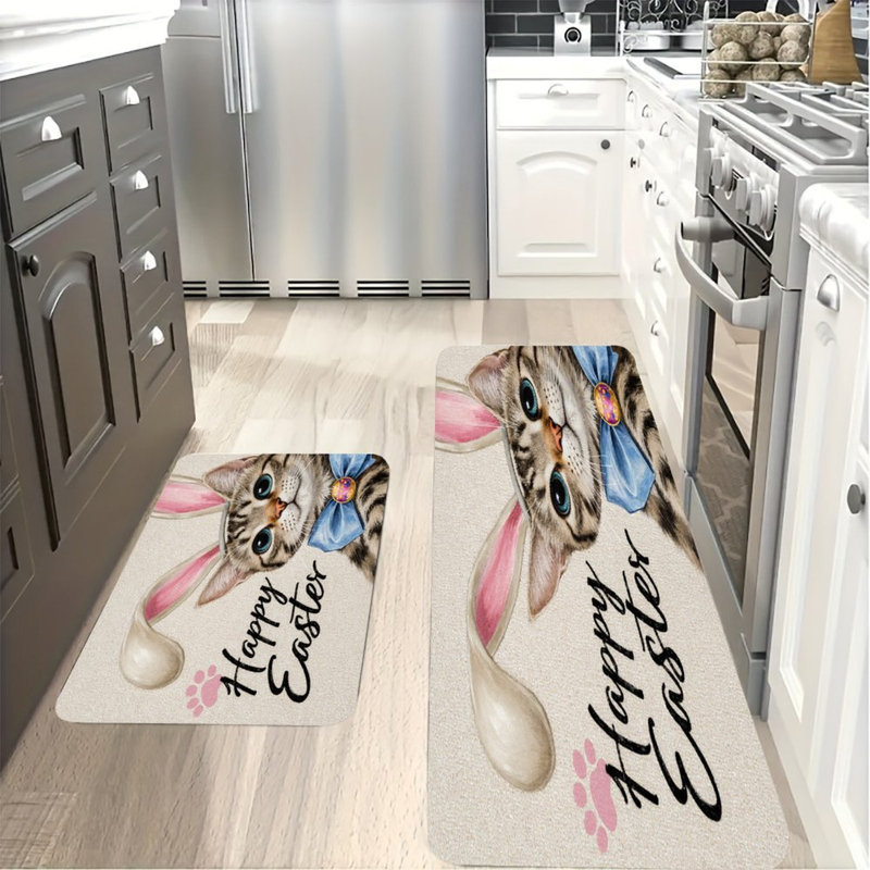 Chat de Pâques avec oreilles de lapin, ensemble de 2 tapis de cuisine, Chat de Pâques beige / rose avec oreilles de lapi