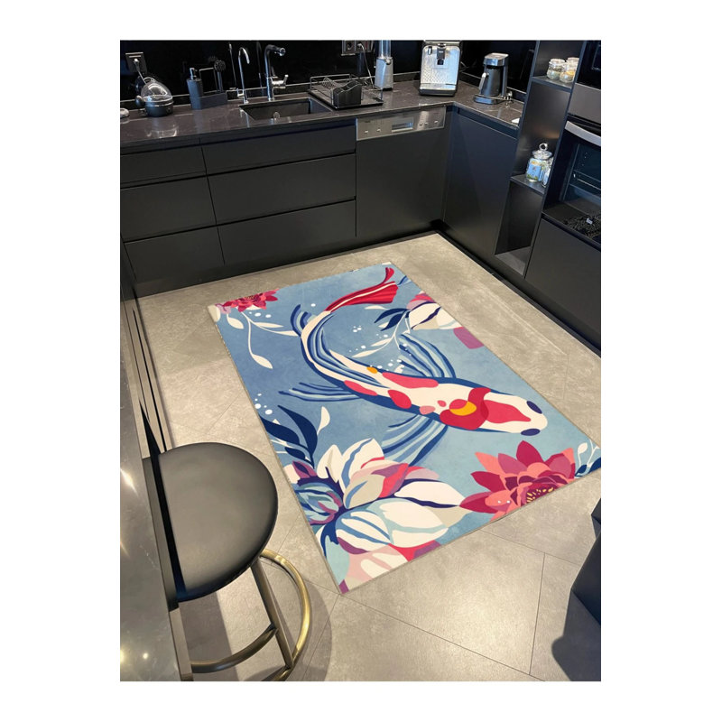 Blue Red Rose And Koi Fish Patterned Creative Modern Decorative Carpet, Round 3'4"