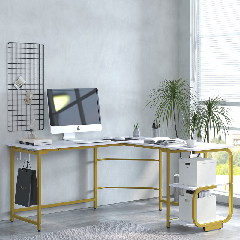 Konsta L-Shaped Metal Base Writing Desk, White Marble/Gold