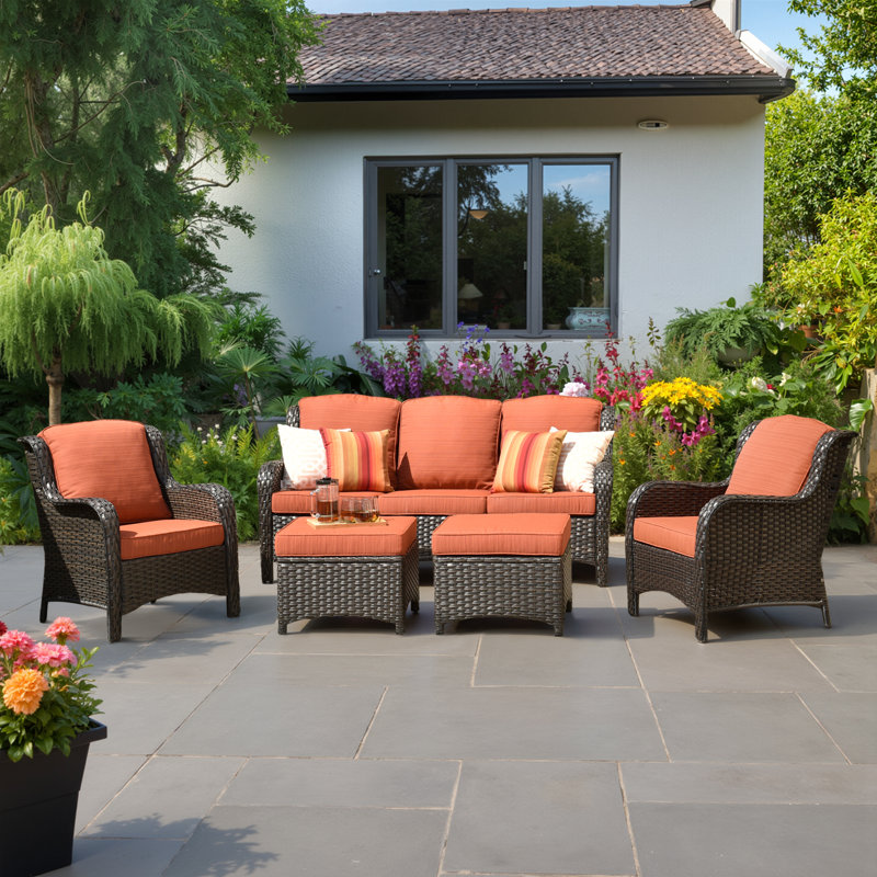 5 - Person Outdoor Conversation Set, Wicker Patio Sofa & Chair Set with Cushions, Orange Red Cushion/Brown Frame, No