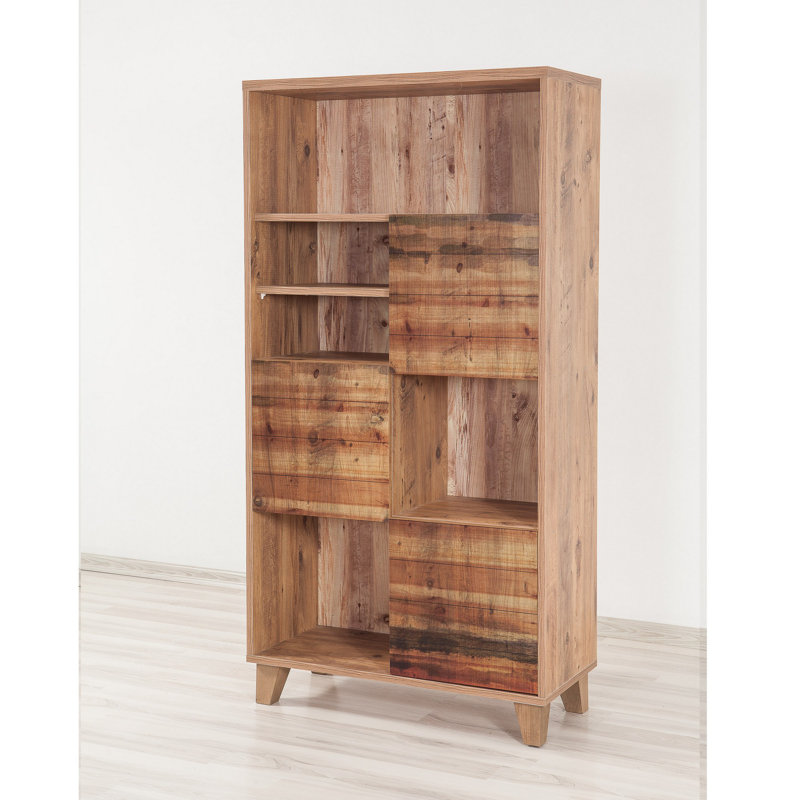 Élégante bibliothèque en pin atlantique de 31,5 po x 61 po x 14,2 po | 100% panneau de particules enduit de mélamine, 0,7 po d'épaisseur | Pieds en bois, revêtement UV, fixation murale, nombreuses tablettes pour un rangement supplémentaire | Concept moderne de marbre