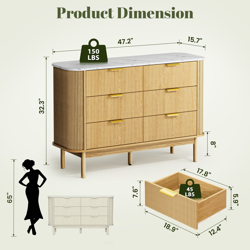 Armoire buffet 47 po en bois à profil incurvé avec plateau en faux marbre et commode cannelée
