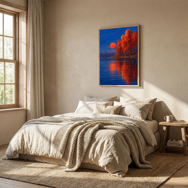 Orange Autumn Trees Reflecting in Blue Water Under Large Canvas Wall Art, 24"H x 18"W