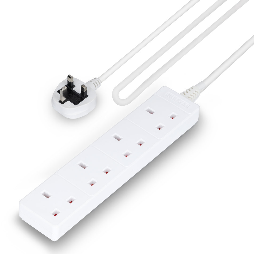 GEEPAS 4 Gang Extension Lead | 4-Way Plug Extension Cable | 4 Socket Power Strip, 13A | Heavy Duty UK Plug | White