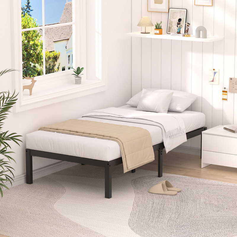 Lit plateforme avec base en bambou et lattes, Simple, Noir