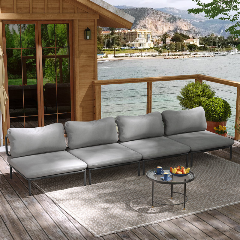 4 Person Metal Outdoor Patio Sectional Sofa with Cushions, Gray Cushion/Black/Gray Frame