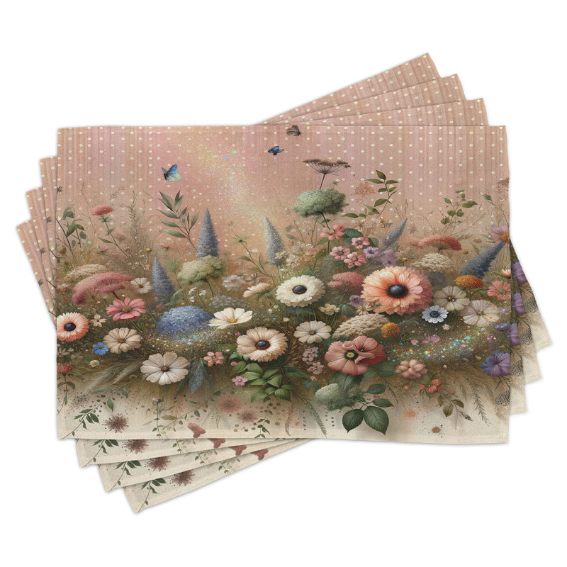 Rose and Olive Green Floral Polyester Rectangle Placemats Set of 4