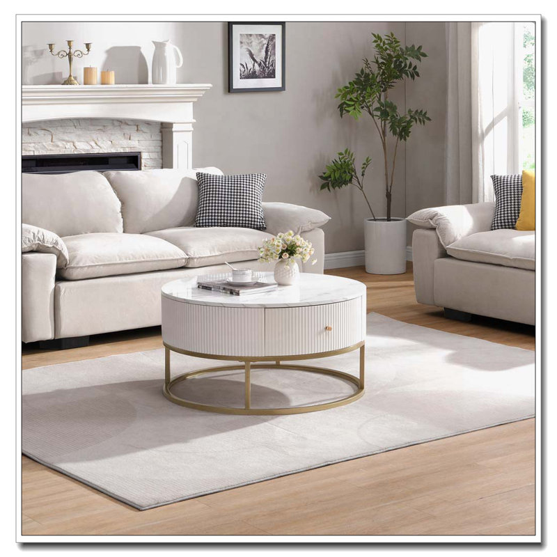 Table basse ronde avec tiroirs, table en faux marbre avec rangement, table basse de salon