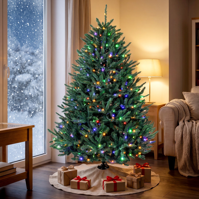 Sapin de Noël pré-illuminé de 1,80 m, épicéa bleu du Colorado, branchement facile, sapin articulé avec lumières DEL blanc chaud et multicolores