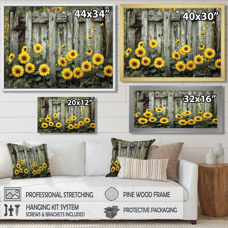 Drotar tournesols et la clôture de ferme I - tournesols, art mural, Reproduction encadrée d'une seule photo