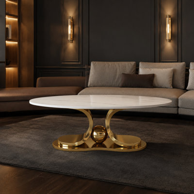 Table basse de 49,2 pouces en faux marbre moderne avec plateau en pierre frittée, table de salon résistante aux fissures avec base en acier inoxydable artistique, table d'appoint résistante aux rayures et à la chaleur pour la maison, le balcon et le couloir