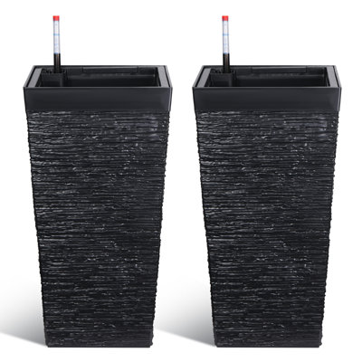 Ensemble de 2 pots à fleurs 22,5 "noirs à arrosage automatique pour l'intérieur et l'extérieur avec moniteur de niveau d'eau et trous de drainage pour la véranda et le jardin