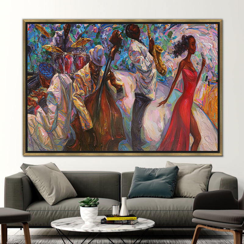 African Jazz Musicians Oil Painting Print: Pianist and Singer Wall Art Poster, 30" H x 41" W, Or