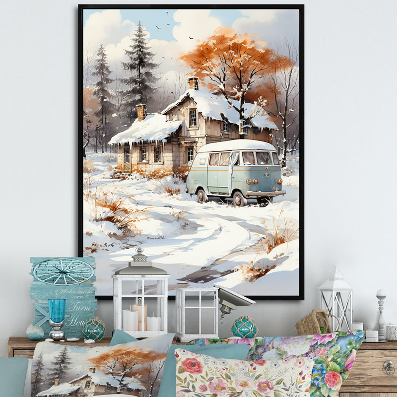 Winter Winter Cottage Retreat 2 - Art mural de voyage en camping, Cadre flottant noir, H 32 po x l 24 po x P 1 po
