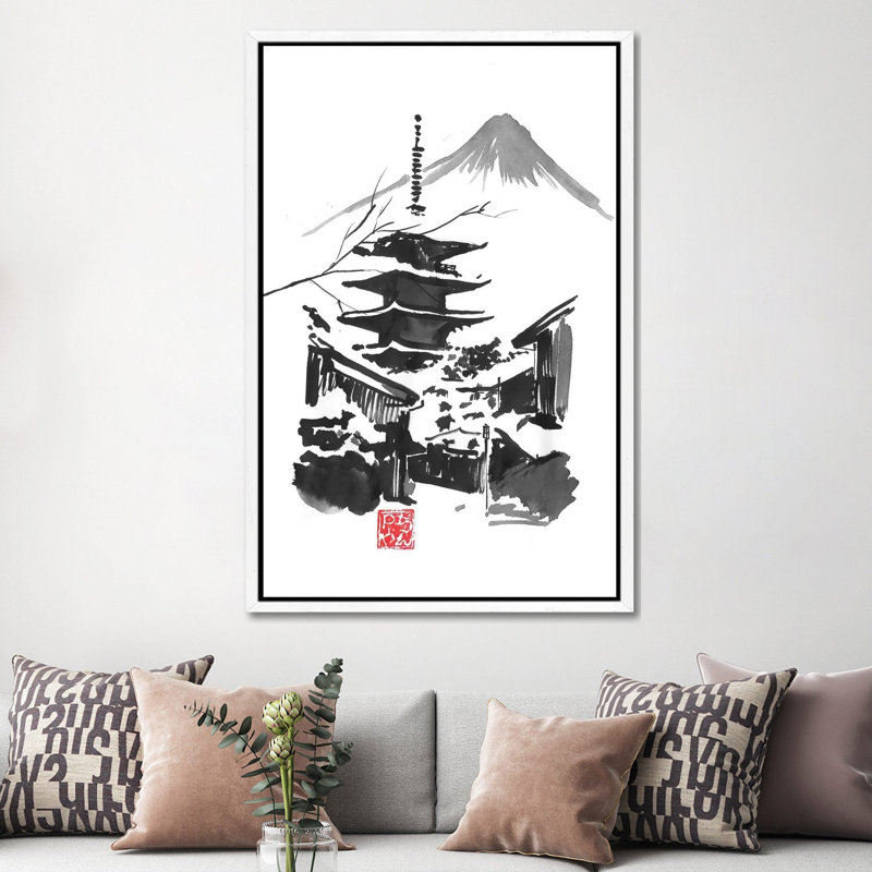 Fuji San And Temple by Péchane - Print on Canvas, 152.5 cm H x 101.5 cm W, White Framed