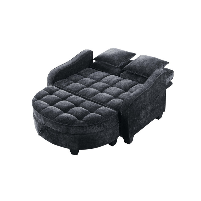 Canapé 2 places avec repose-pieds de rangement et coussins décoratifs, Black Corduroy