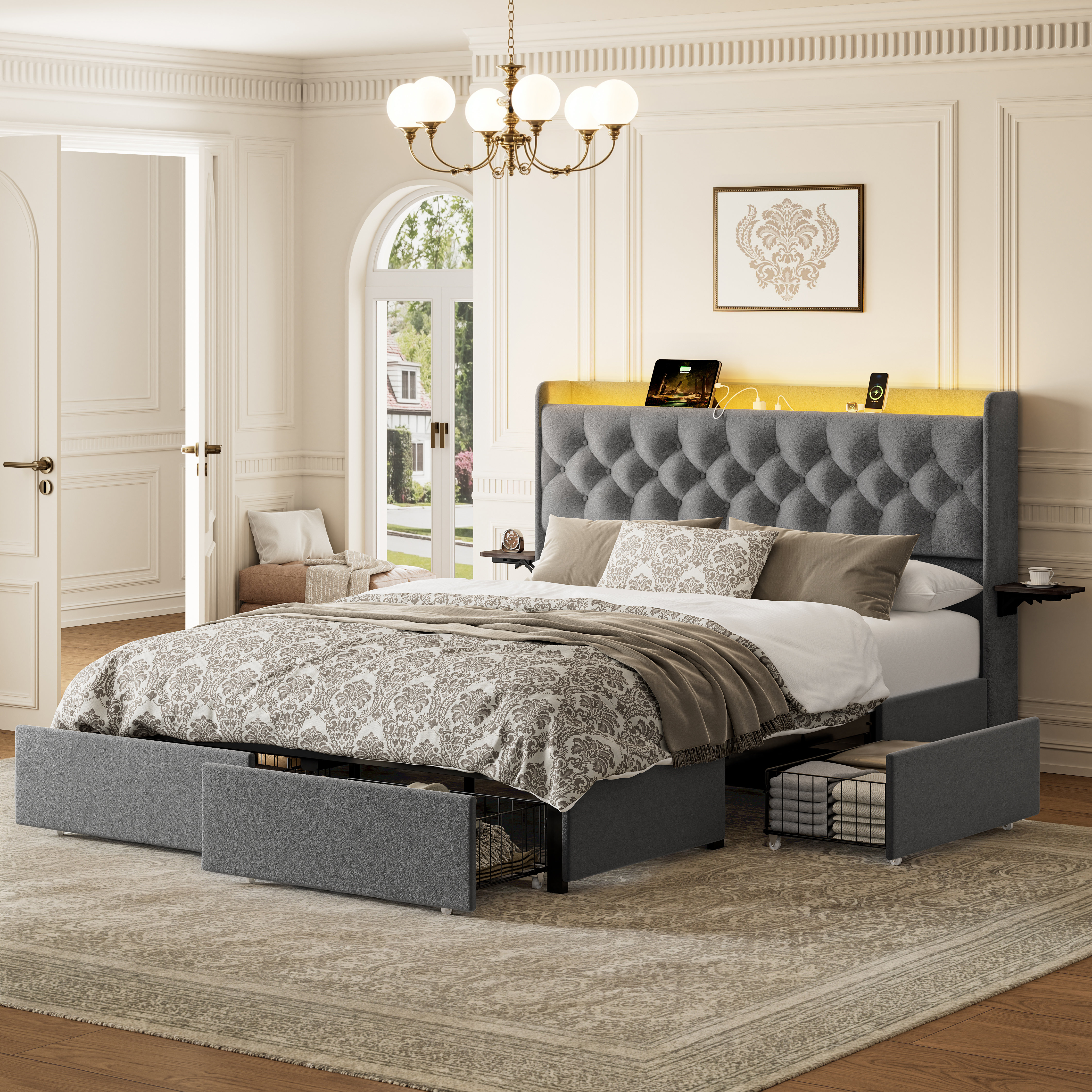Ebern Designs Coba Upholstered Modern Bed with 4 Storage Drawers ...