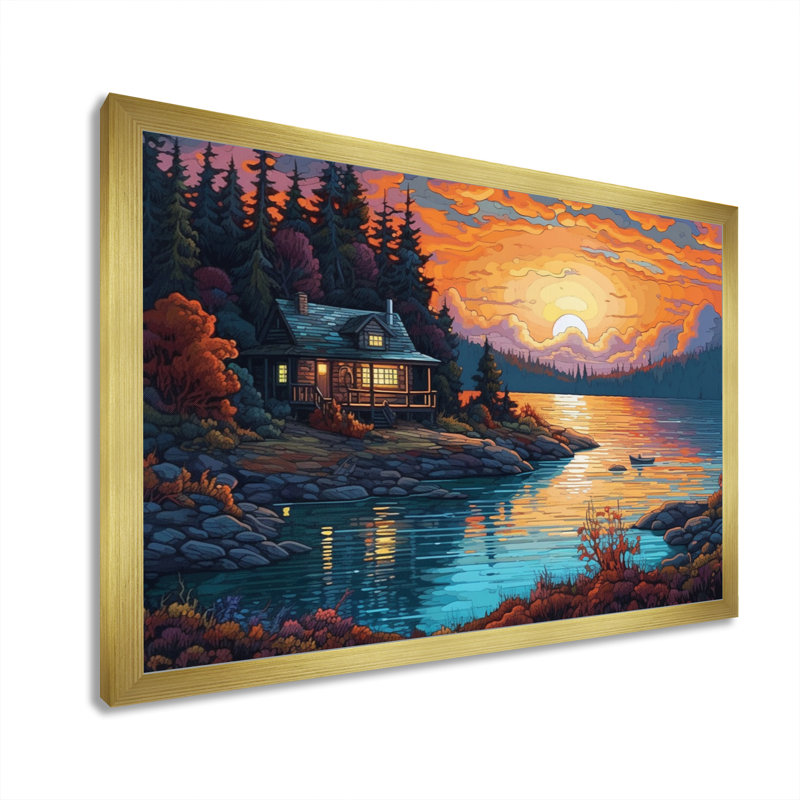 «Rumina Autumn Sunset Cottage III», reproduction sur toile, Encadrement doré, H 24 po x l 32 po x P 1 po