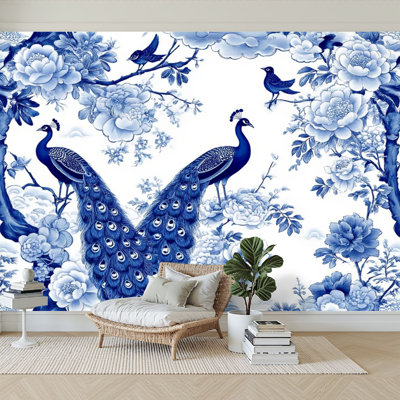 Peel and Stick Wallpaper 96" W x 69" H Modern Self Adhesive Wall Mural for Bedroom Seamless chinoiserie style birds peonies blue color