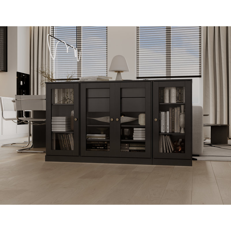 Buffet 100% bois massif 65 po avec portes en verre transparent, 2 tiroirs et tablettes réglables, Noir