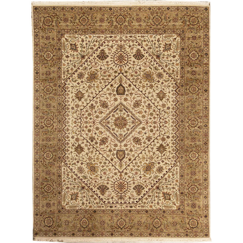 Tapis ivoire et vert noué à la main de haute qualité