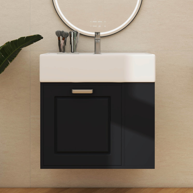 Meuble-lavabo flottant mural de 21,8 po avec meuble-lavabo, grand tiroir et tablette réglable, Noir