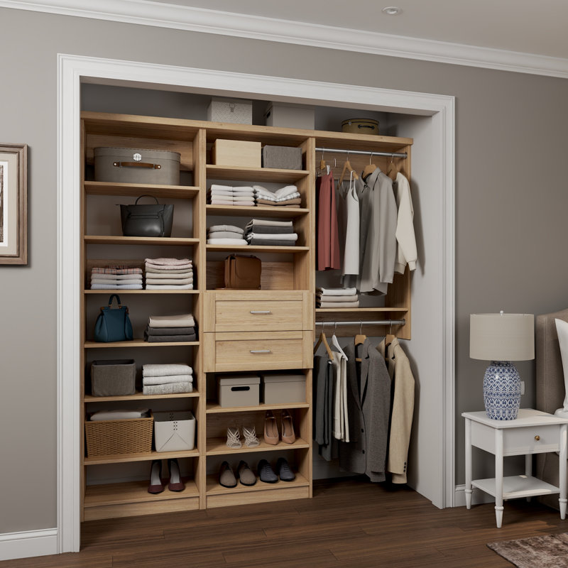 Natural Oak 58.5" Floor-Mounted Single Wall Closet System with 3 Sections, 2 Clothing Rods, 14 Shelves & 2 Shaker Drawers