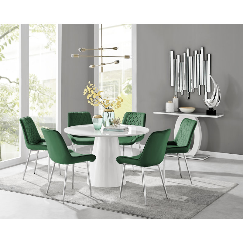 Edward Statement Pedestal Dining Table Set with 4 Luxury Velvet Upholstered Dining Chairs, White, Green/Silver