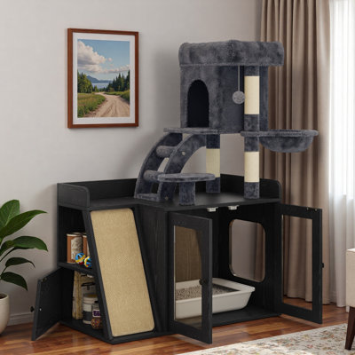 Arbre à chat avec lumière DEL, bac à litière caché, planche à gratter en sisal, espace de rangement, maisonnette pour chat et hamac confortable