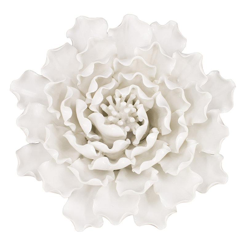 Ornement mural fleur en céramique fait à la main en crème pour décoration murale, H 2,82 po x l 7,44 po x P 7,37 po