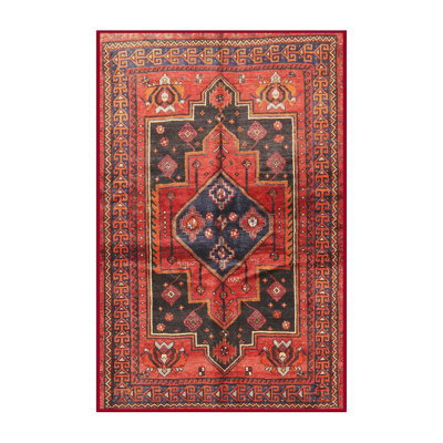 Tapis oriental en laine et polyester rouge et noir tissé au métier mécanique