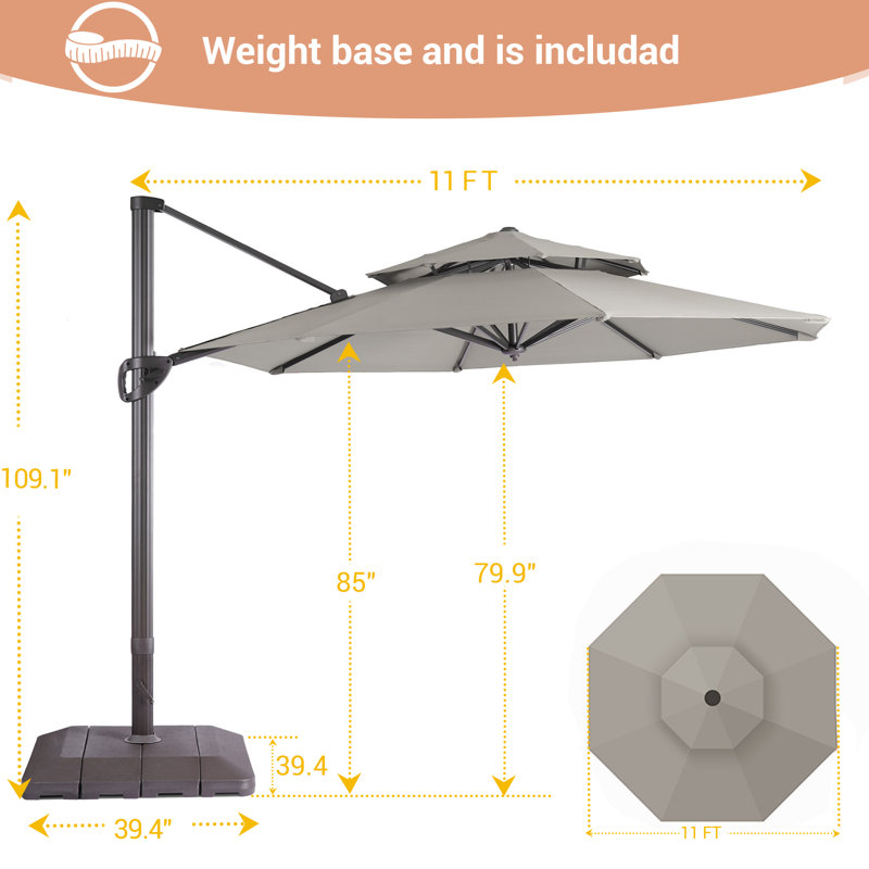 Parasol de patio en porte-à-faux à double plateau en aluminium 11 pi avec base, Sable