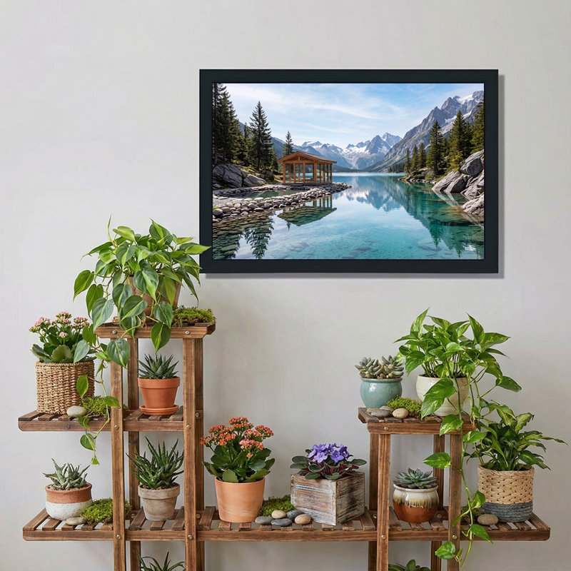 Toile en bois sur un lac turquoise avec des montagnes enneigées, art mural, 24"H x 36"W