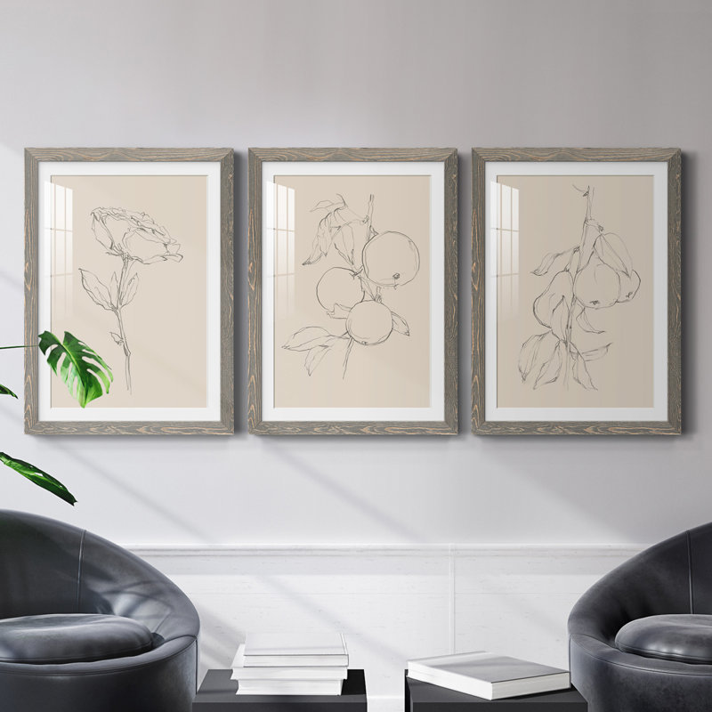 Floral Contour Study IV Premium encadré mat - prêt à être accroché, H 20 po x l 51 po x P 1,5 po, gris