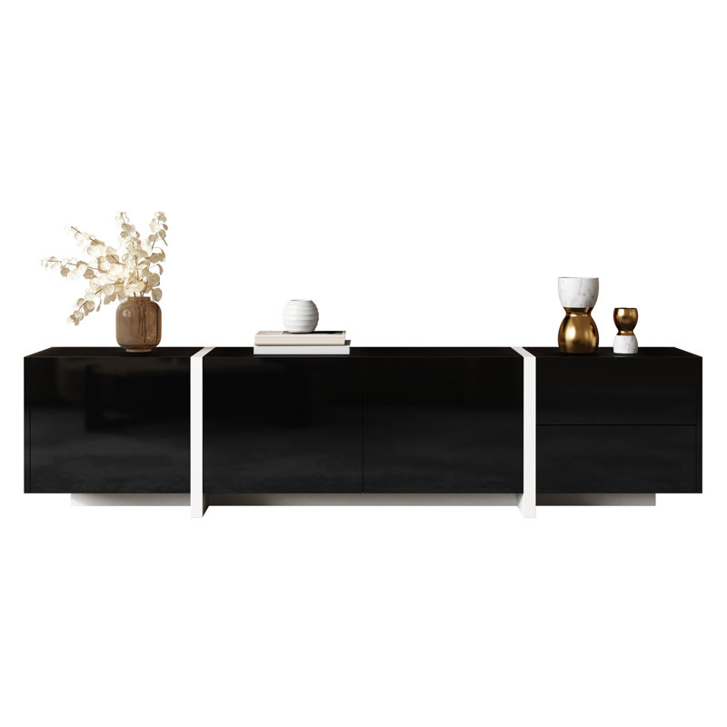 Modern High-gloss Tv Cabinet - Media Unit With Storage (190x45x35cm), Black/White, 170cm W x 45cm Hx35cm D
