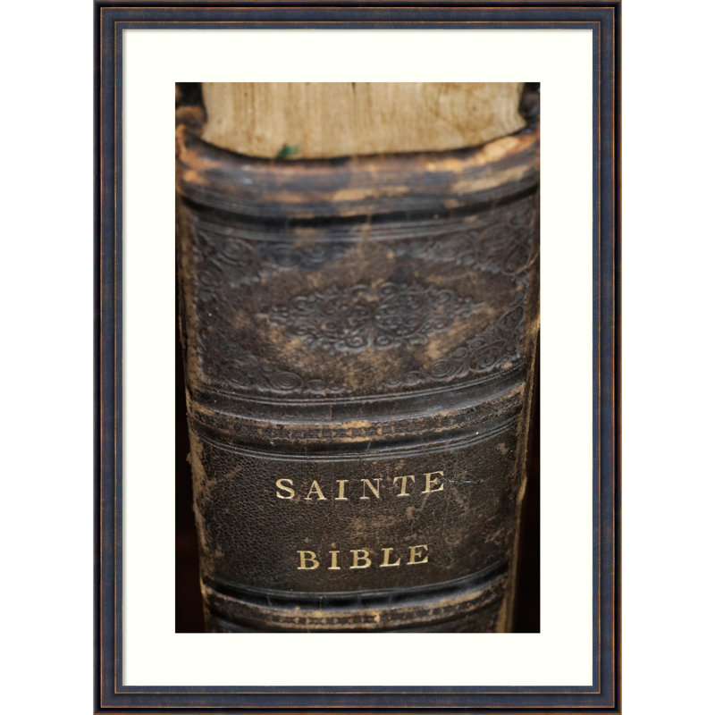 Ancienne bible, impression sur bois encadrée, 26 x 19, Cuillère bronze foncé