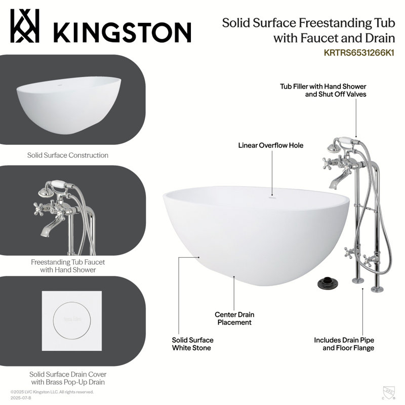 Kingston Arcticstone 65-Inch Solid Surface Oval Double Ended Freestanding Tub With Faucet Combo And Drain, Matte Black