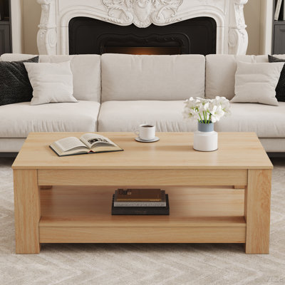 A Modern And Practical Natural Wood Coffee Table. The Double Layered Coffee Table Is Made Of MDF Material. Suitable For Living Room, Bedroom, And Study
