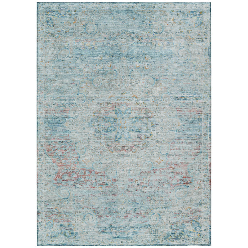 Tapis intérieur lavable 10 pi x 14 pi bleu ciel et rosé Medallion