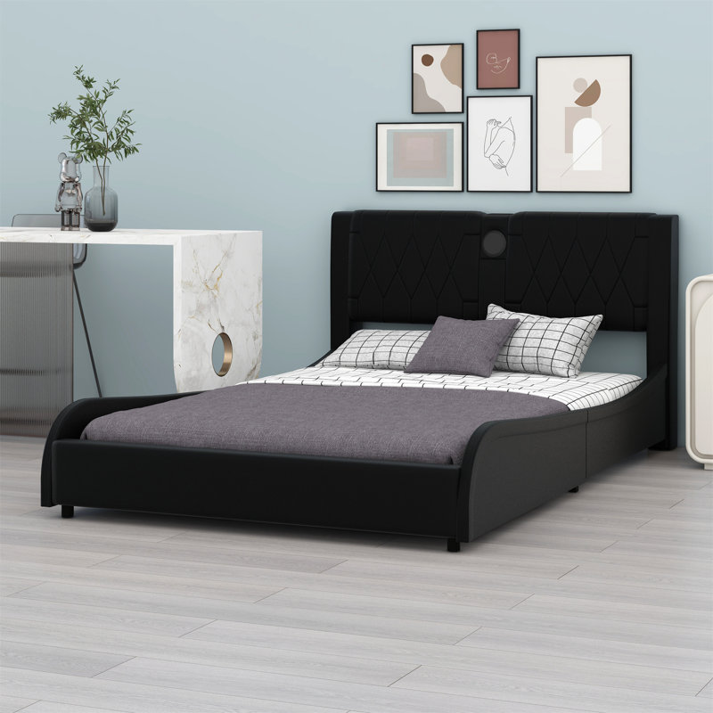 Upholstered Platform Bed With Thickened Headboard, Bluetooth Speakers And RGB LED Light, Black