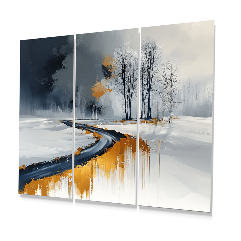 Or et blanc route givrée en hiver I - Ensemble de décorations murales paysage d'hiver, Métal métal