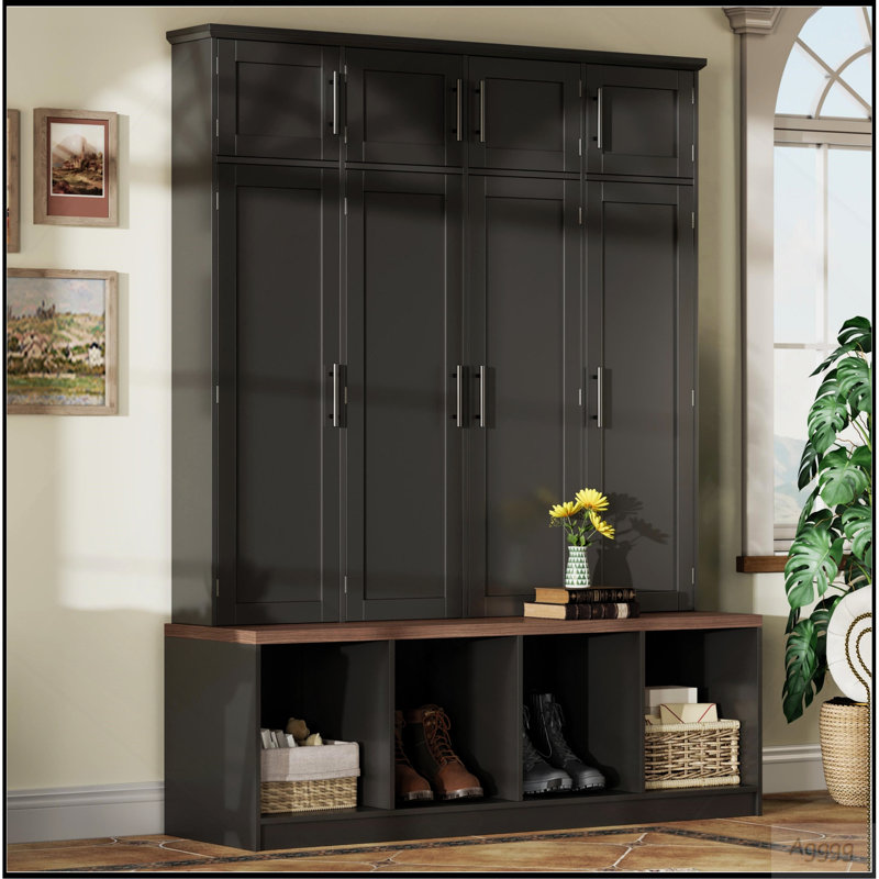 Porte-manteau de style campagnard avec 4 crochets de suspension dissimulés, banc polyvalent en noyer avec 8 portes, meuble à chaussures d'entrée avec compartiment ouvert pour le salon, noir