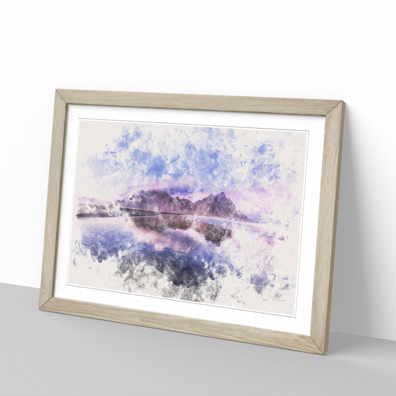 Vestrahorn Mountain In Iceland Watercolour - Single Picture Frame Print on MDF, 36cm H x 48cm W x 2cm D, Oak Framed